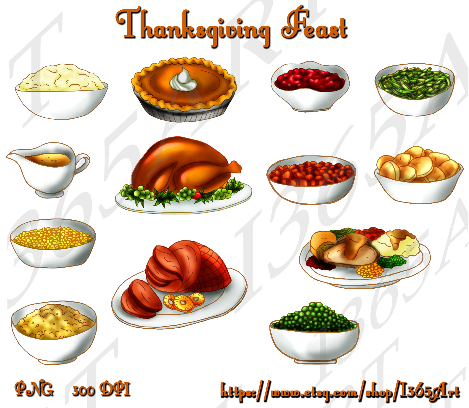 Thanksgiving Feast Clipart Pumpkin Pie Turkey Cranberry Sauce 