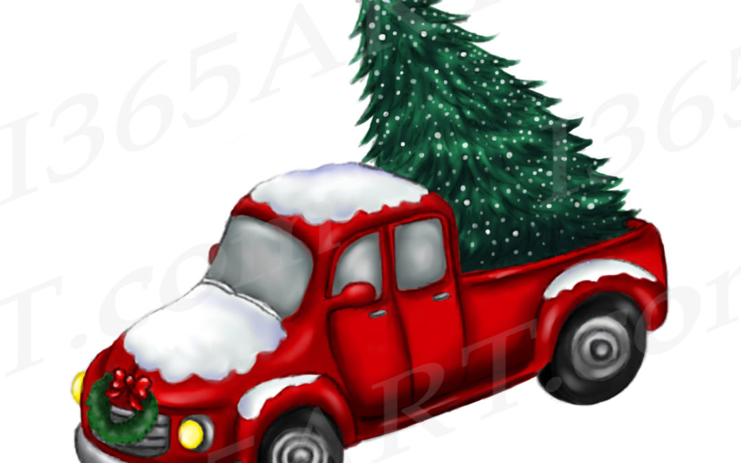 Christmas Truck Clipart, Watercolor Red Truck PNG