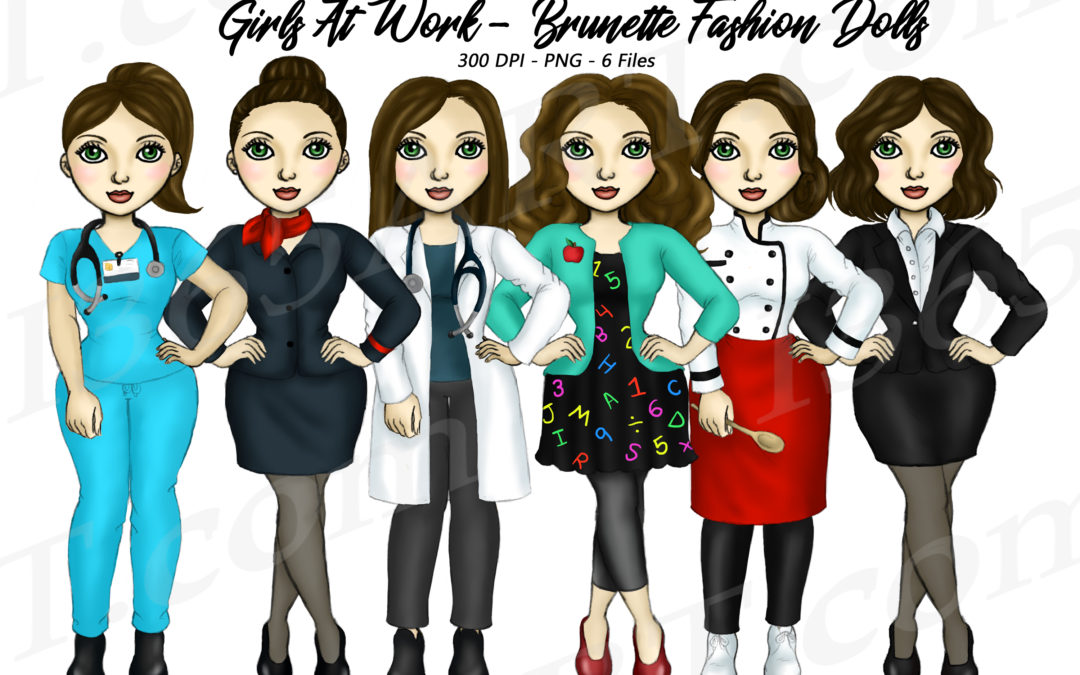 Girls At Work Clipart Brunette Fashion Dolls PNG