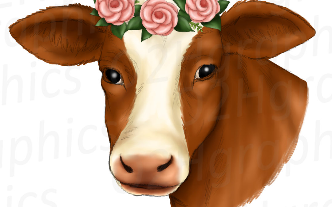 Brown Cow Flower Wreath Clipart, Sublimation Design, Watercolor Drawing, Cow Lovers, PNG