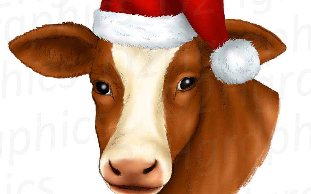 Brown Christmas Cow Clipart, Sublimation Design, Watercolor Drawing, Cow Lovers, PNG