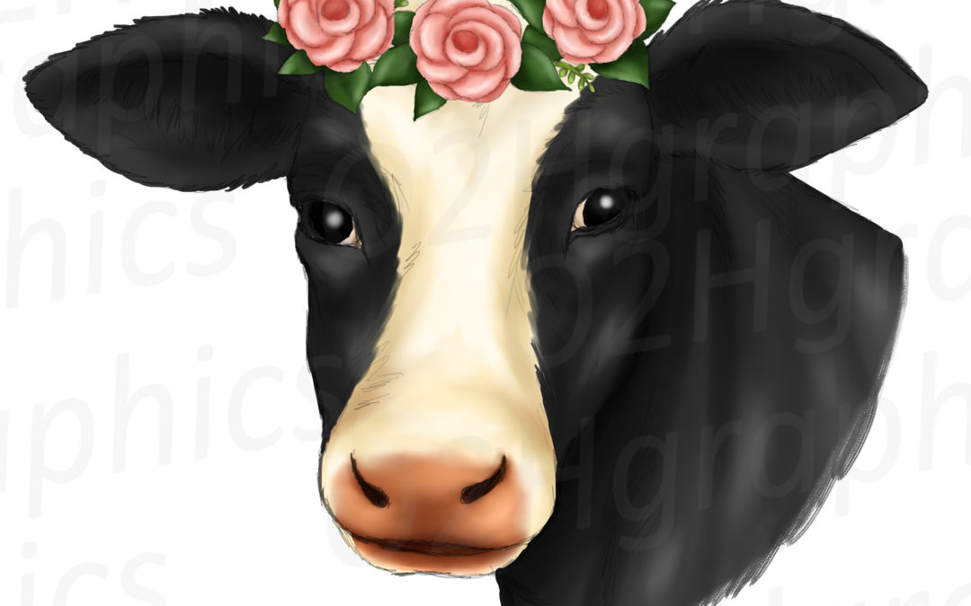 Cow Flower Wreath Clipart, Sublimation Design, Watercolor Drawing, Cow Lovers, PNG