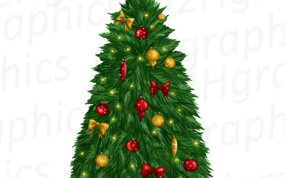 Decorated Christmas Tree Clipart, Sublimation Design, Watercolor Drawing, Green Pine Tree Clipart, Holiday Clipart, PNG