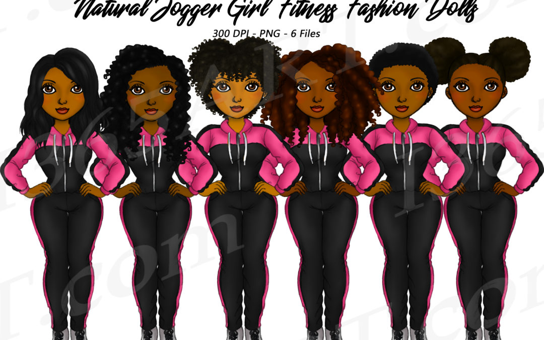 Track Suit Black Girls Clipart, Fitness Girls Planner Illustrations Dolls – Natural Hair