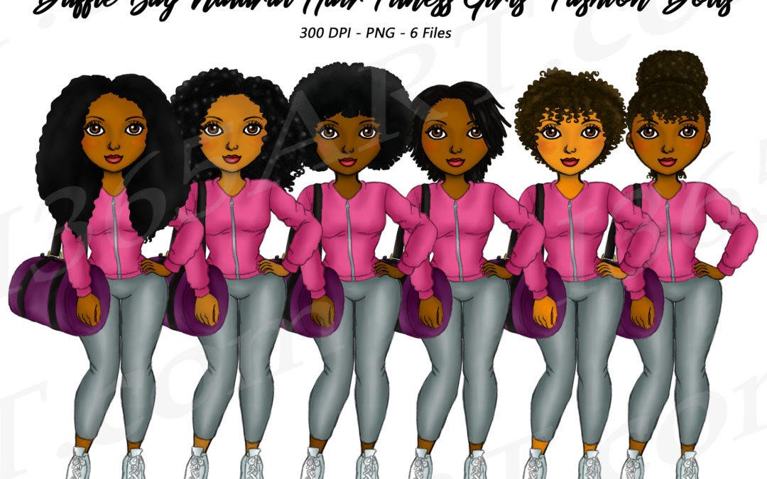 Duffel Bag Fitness Black Girls Clipart, Planner Illustrations Dolls – Natural Hair