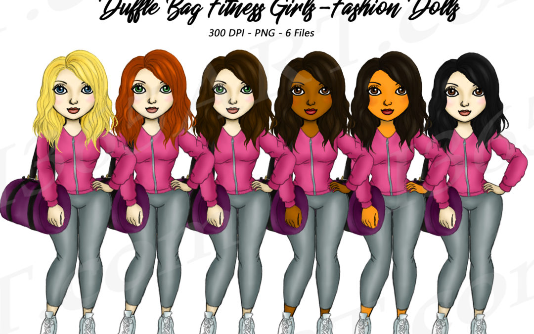 Duffel Bag Fitness Girls Clipart, Planner Illustrations Dolls