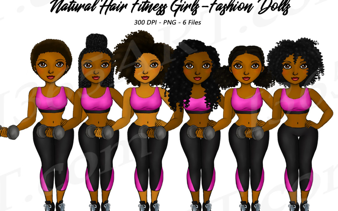 Fitness Black Girls Clipart, Planner Illustrations Dolls – Natural Hair