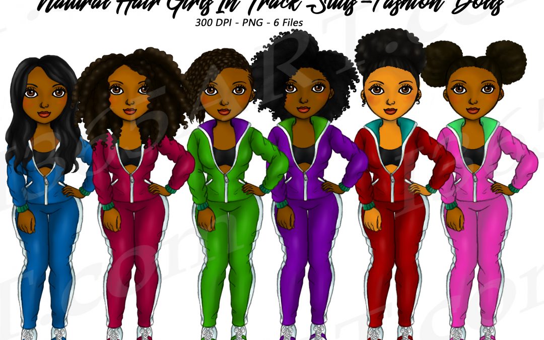 Colorful Tracksuit Black Girls Clipart, Fitness Girls Planner Illustrations Dolls – Natural Hair