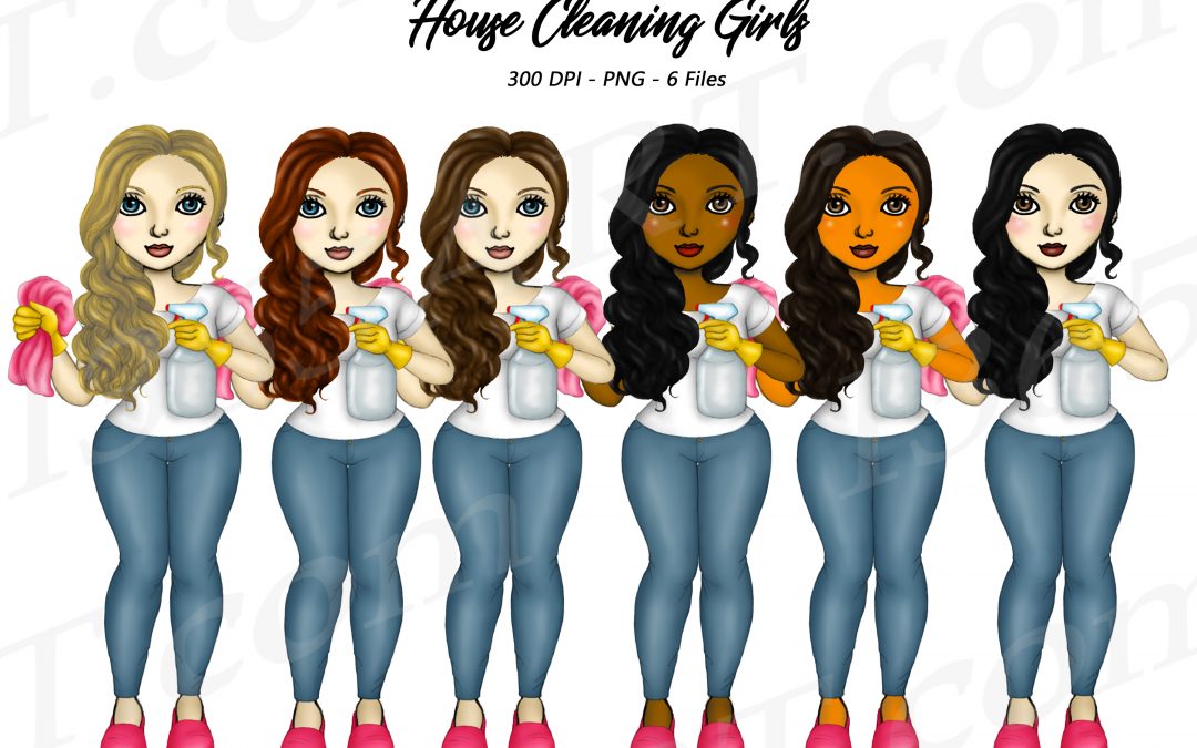 Cleaning Girls Clipart, House Cleaning Chores PNG Planner Dolls