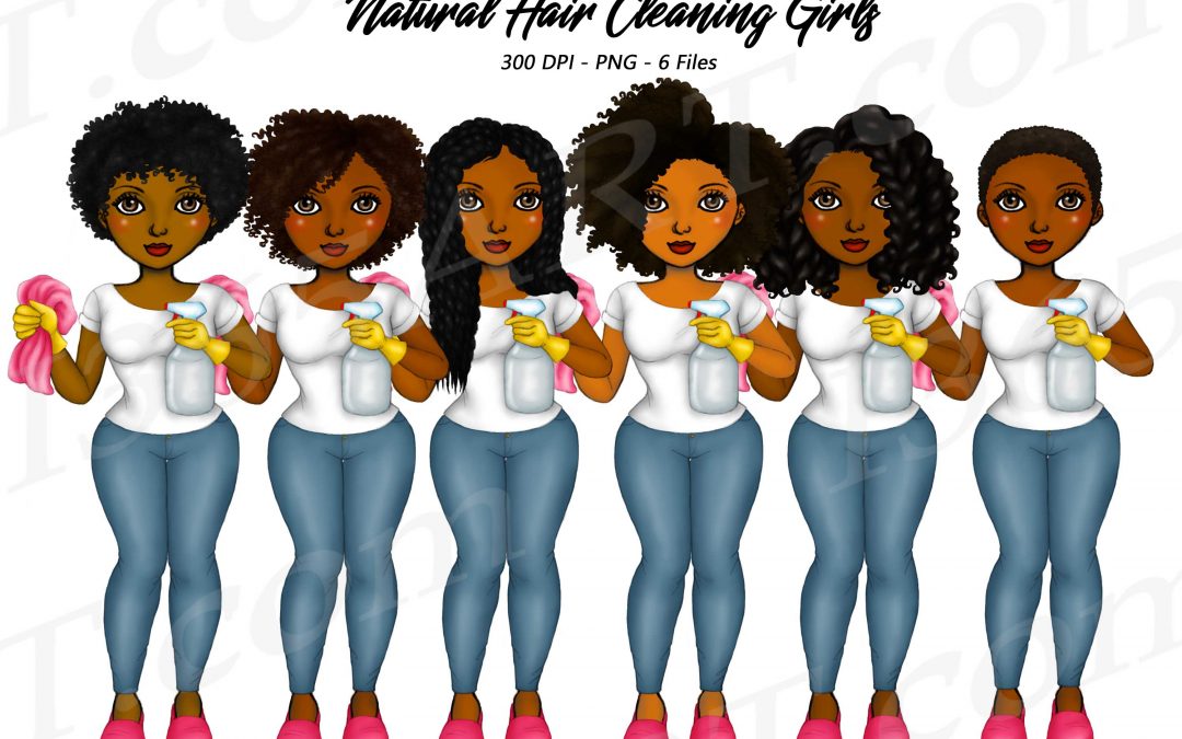 Black Cleaning Girls Clipart, House Cleaning Chores PNG Planner Dolls – Natural Hair