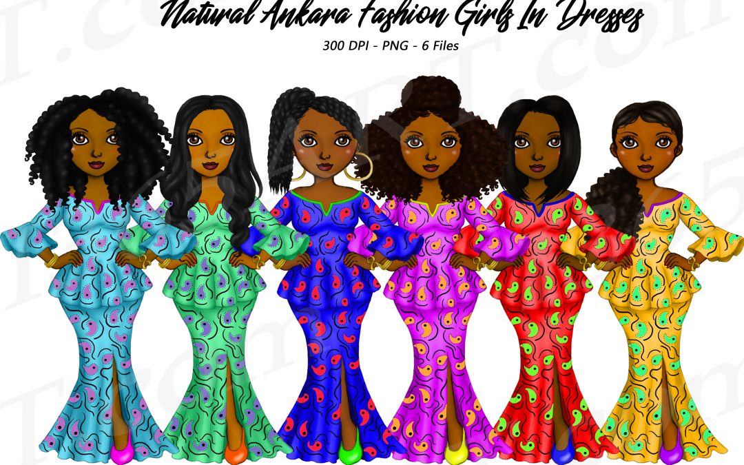 African Fashion Girls Clipart, Ankara Print, Black Women Clipart Planner Illustrations Dolls