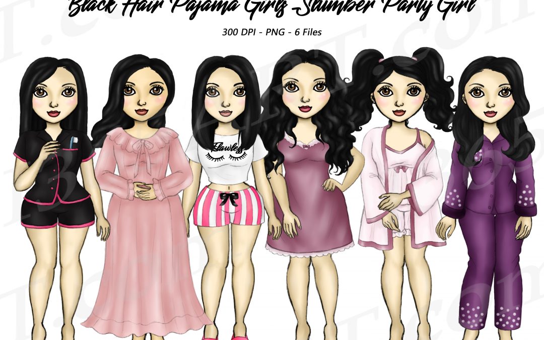 Black Hair Pajama Girl Clipart Slumber Party PNG Download