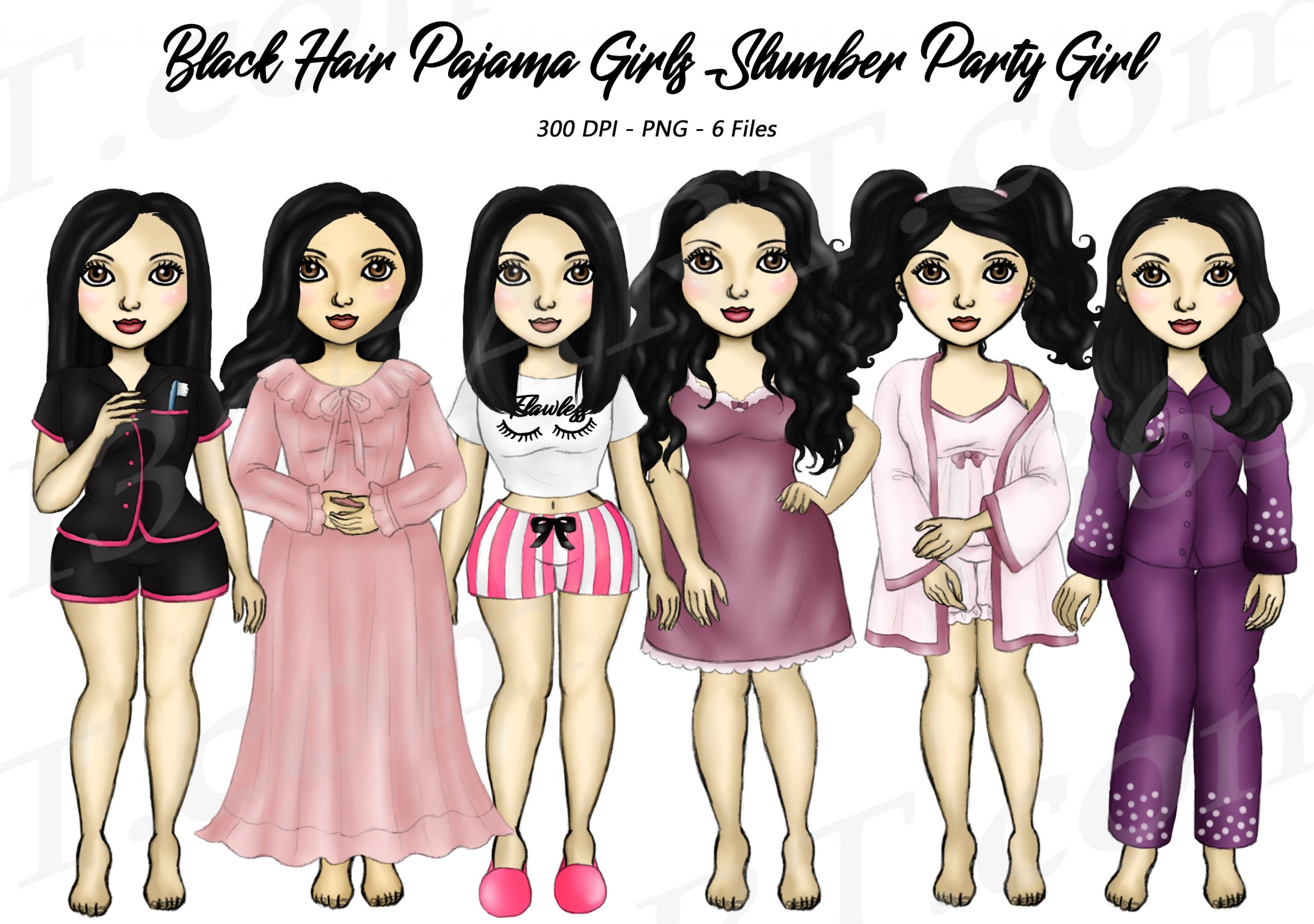 Black Hair Pajama Girl Clipart Slumber Party PNG Download - I 365 Art
