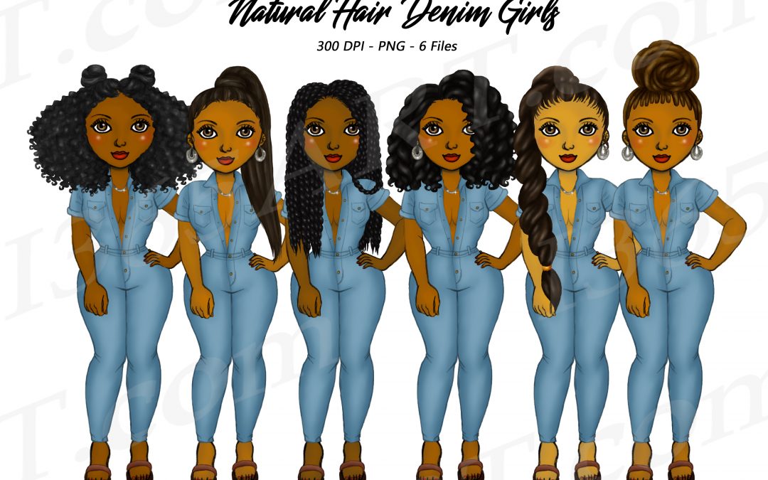 Black Women in Denim Jumpers Clipart PNG Fashion Girls – Natural Hair