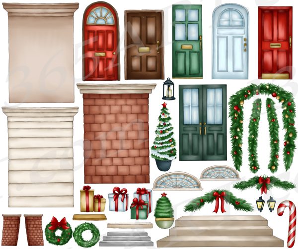 Christmas Front Door Watercolor Clipart Set