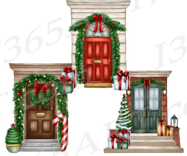 Christmas Front Door Watercolor Clipart Set