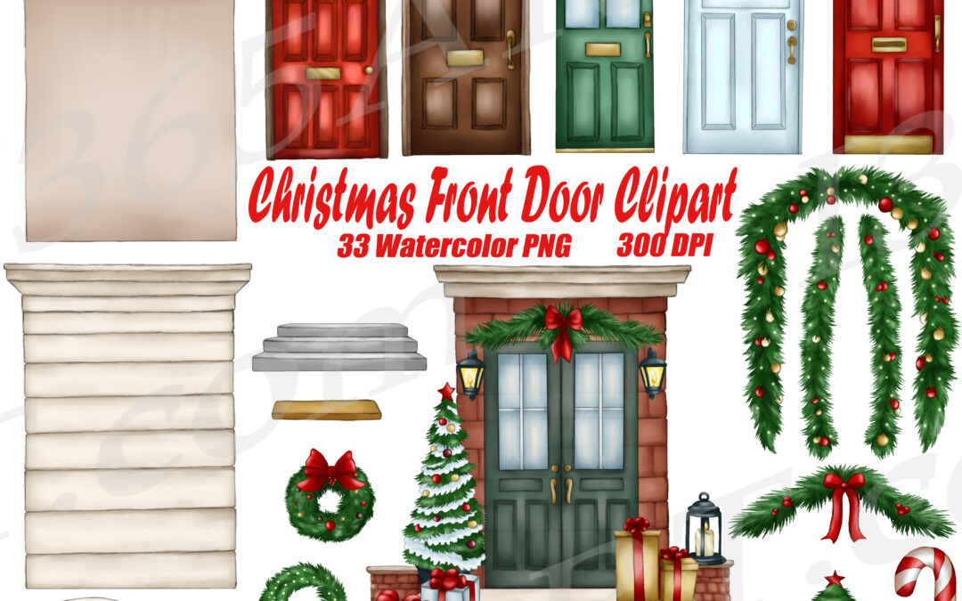 Christmas Front Door Watercolor Clipart Set