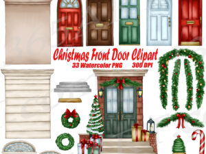 Christmas Front Door Watercolor Clipart Set