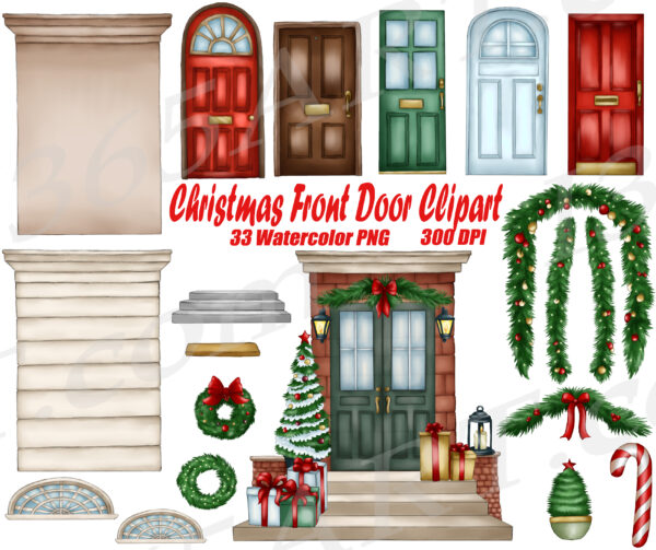 Christmas Front Door Watercolor Clipart Set