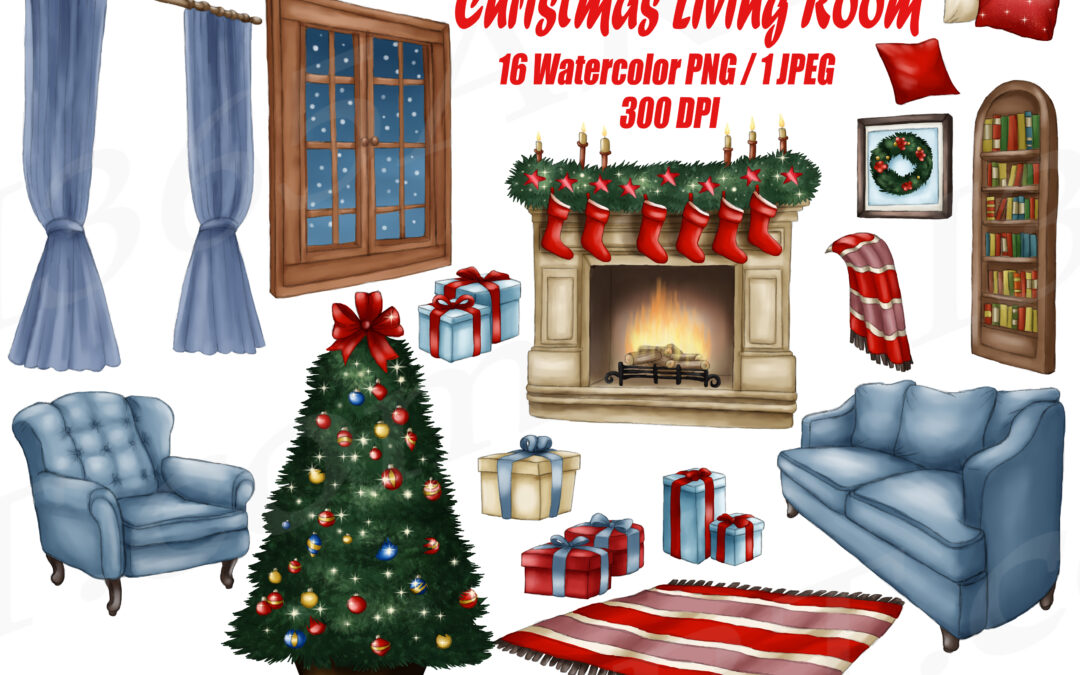 Christmas Living Room Watercolor Clipart Set