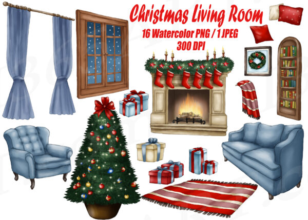 Christmas Living Room Watercolor Clipart Set