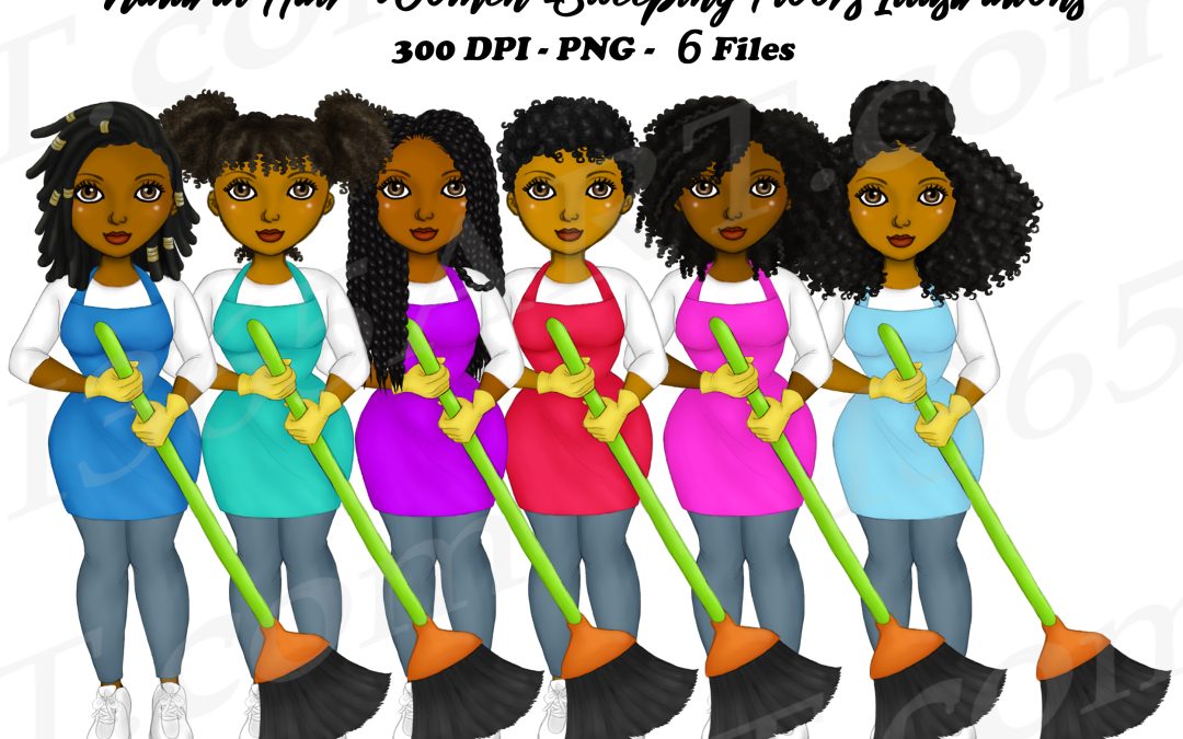 Black Cleaning Ladies Clipart, Black Women Holding Brooms