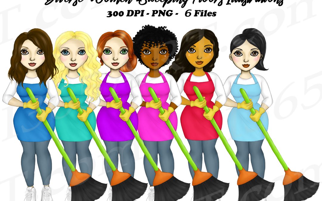 Cleaning Ladies Clipart, Women Holding Brooms PNG
