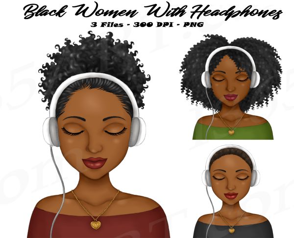 Black Woman Wearing Headphones Clipart