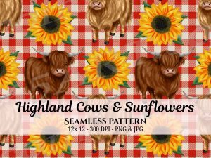Highland Cows & Sunflowers Seamless Pattern