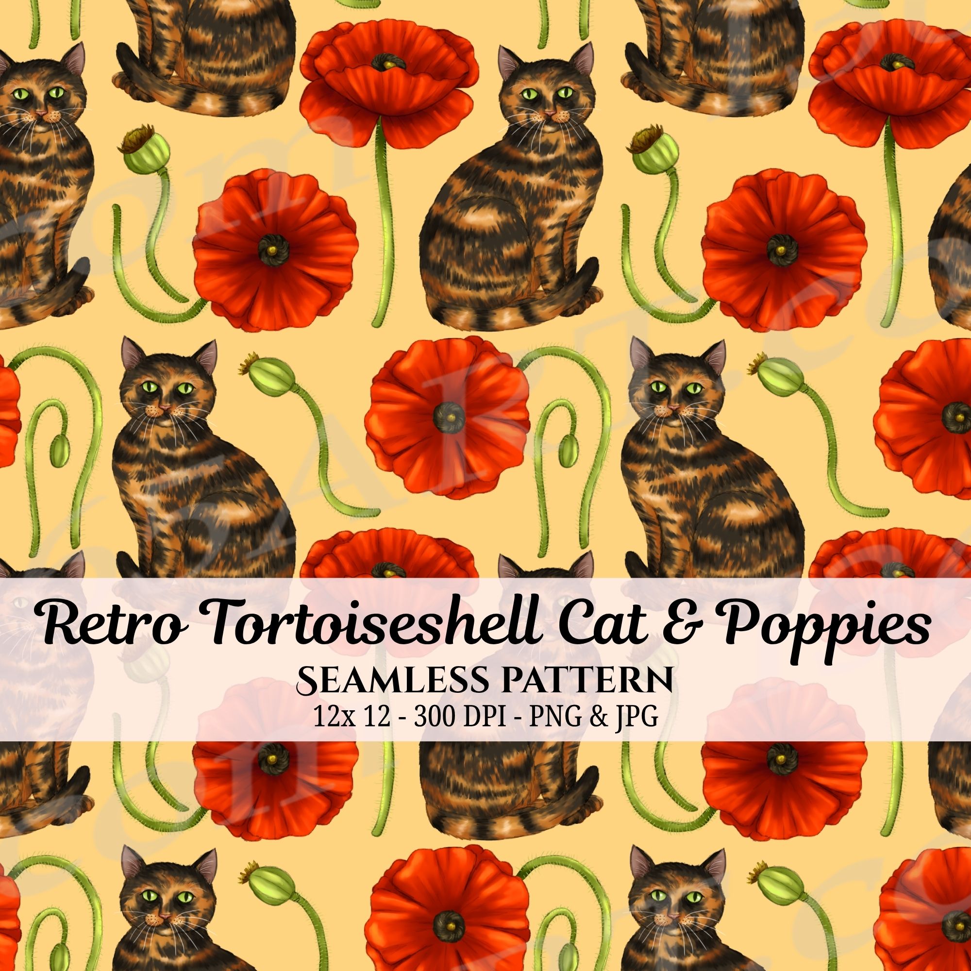 Retro Tortoiseshell Cat Seamless Pattern