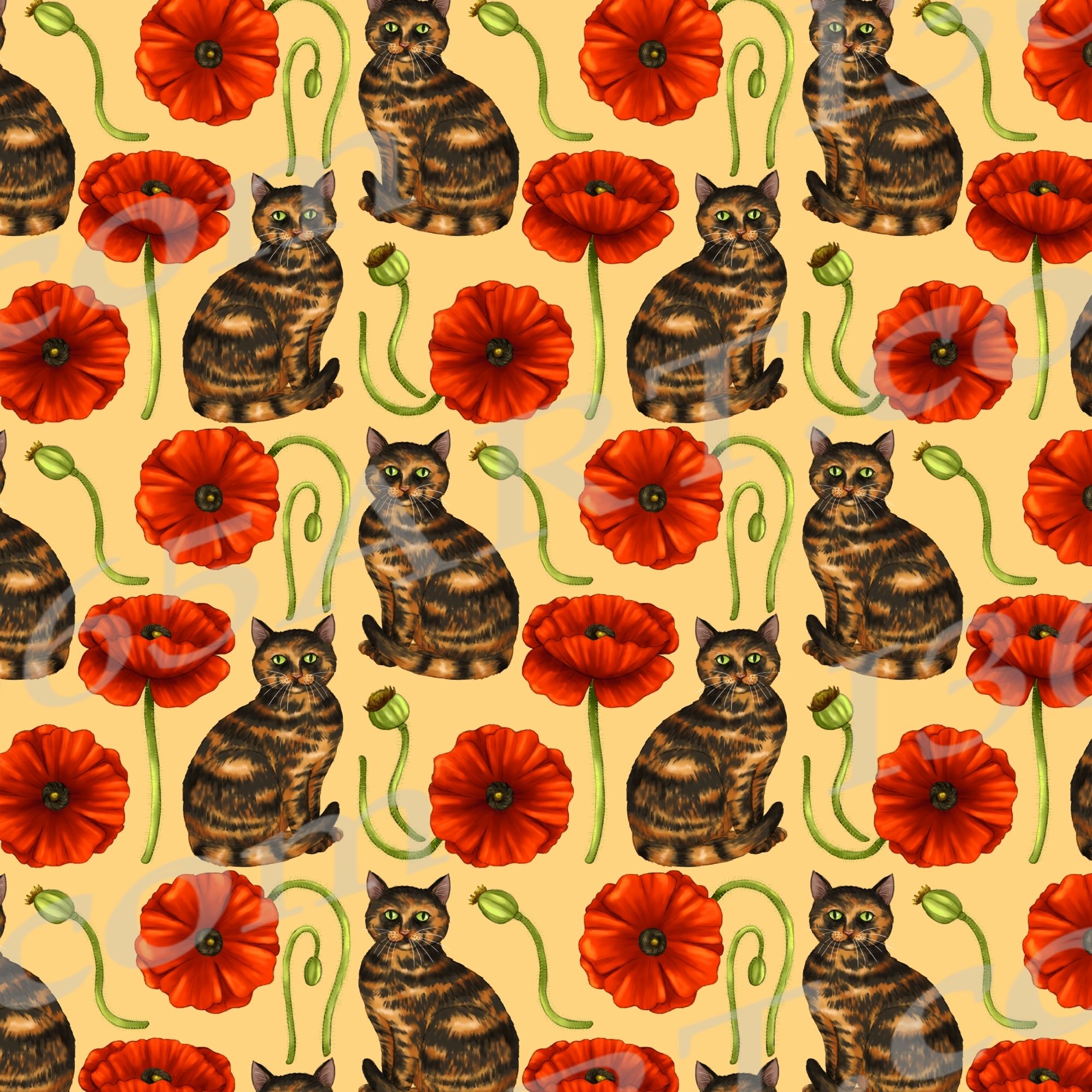 Retro Tortoiseshell Cat Seamless Pattern